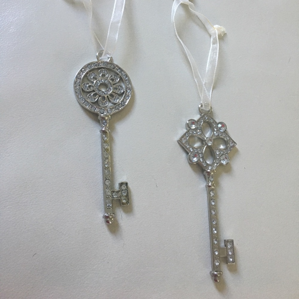 SET of TWO oversized RHINESTONE clad KEY ORNAMENTS